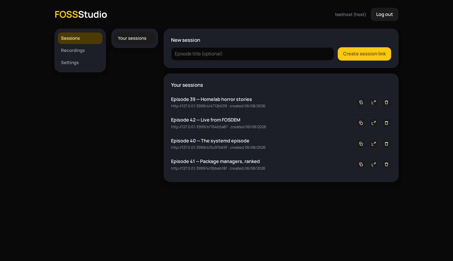 The FOSSStudio dashboard listing sessions with copy-link and open-studio buttons