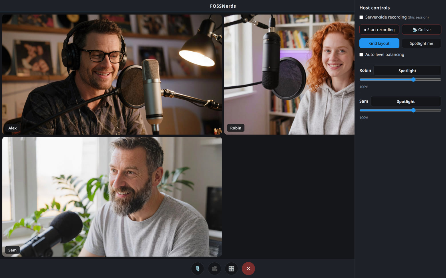The in-session host panel: recording, going live, layouts, per-guest volume