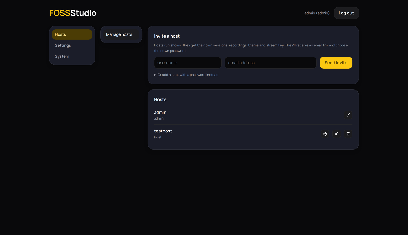 The admin view for managing host accounts and their permissions