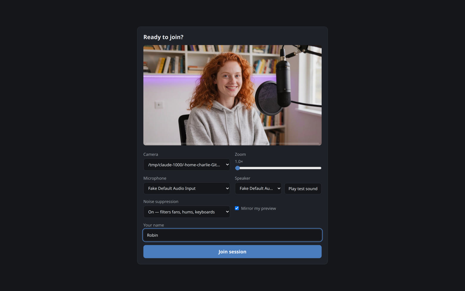 The guest preview screen with camera, zoom, microphone, speaker test and noise suppression controls